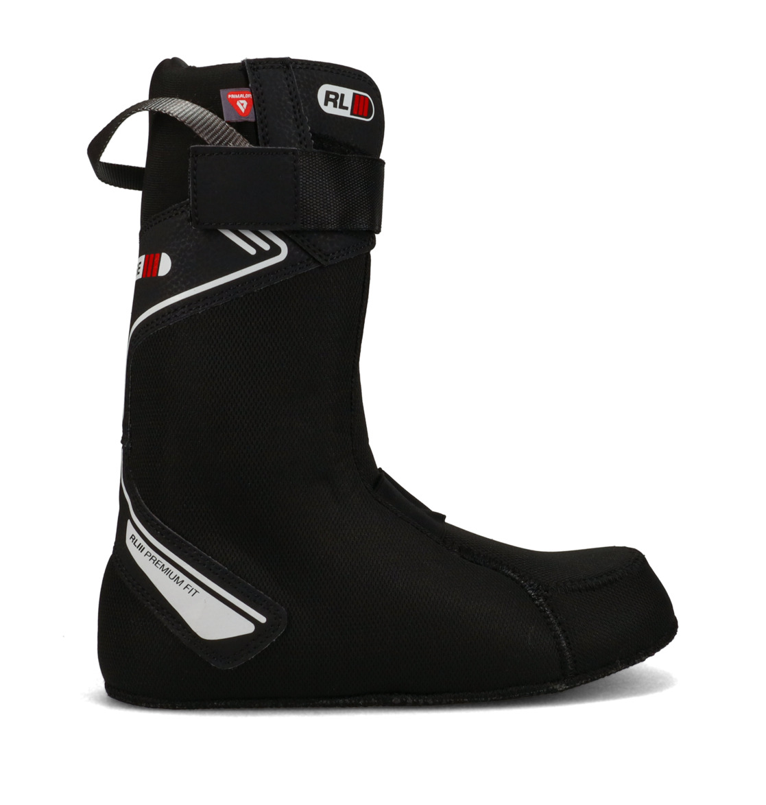 Black snowboard boot liner with a strap and reflective stripes, product shot.