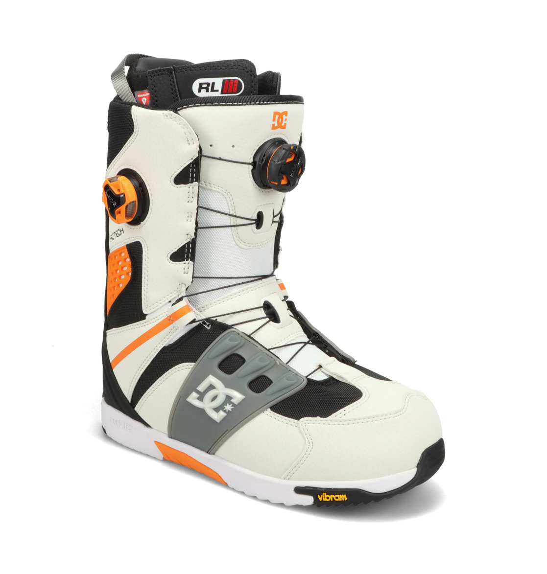 White, black, and orange DC Shoes snowboard boot with Boa dials, angled front view.