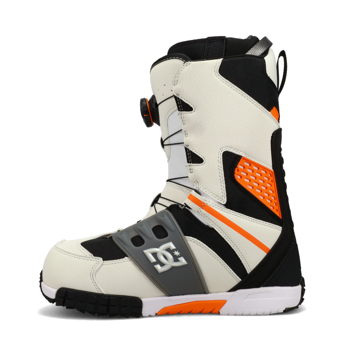 White, black, and orange DC Shoes snowboard boot with Boa dials, opposite side view.