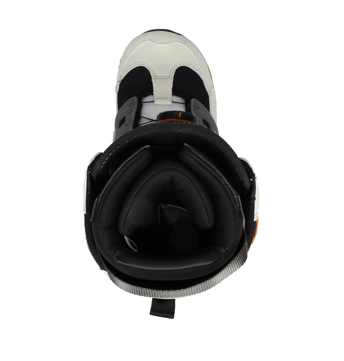 White, black, and orange DC Shoes snowboard boot seen from above, showing the padded opening.