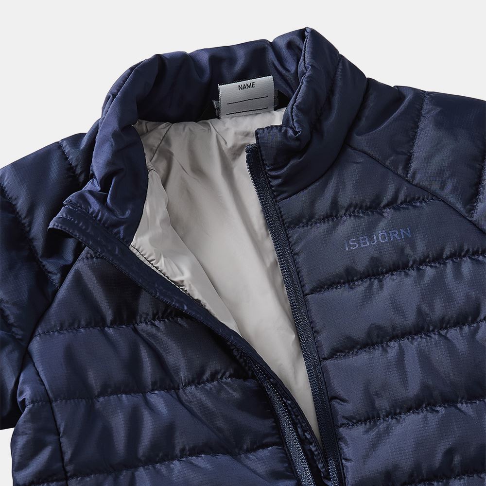 Close-up of a navy insulated jacket collar, open, showing gray lining.