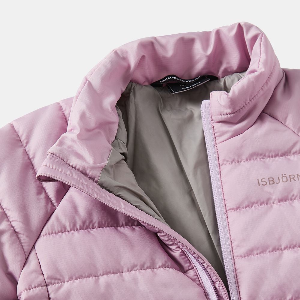Close-up of a pink insulated jacket collar, open, showing gray lining.