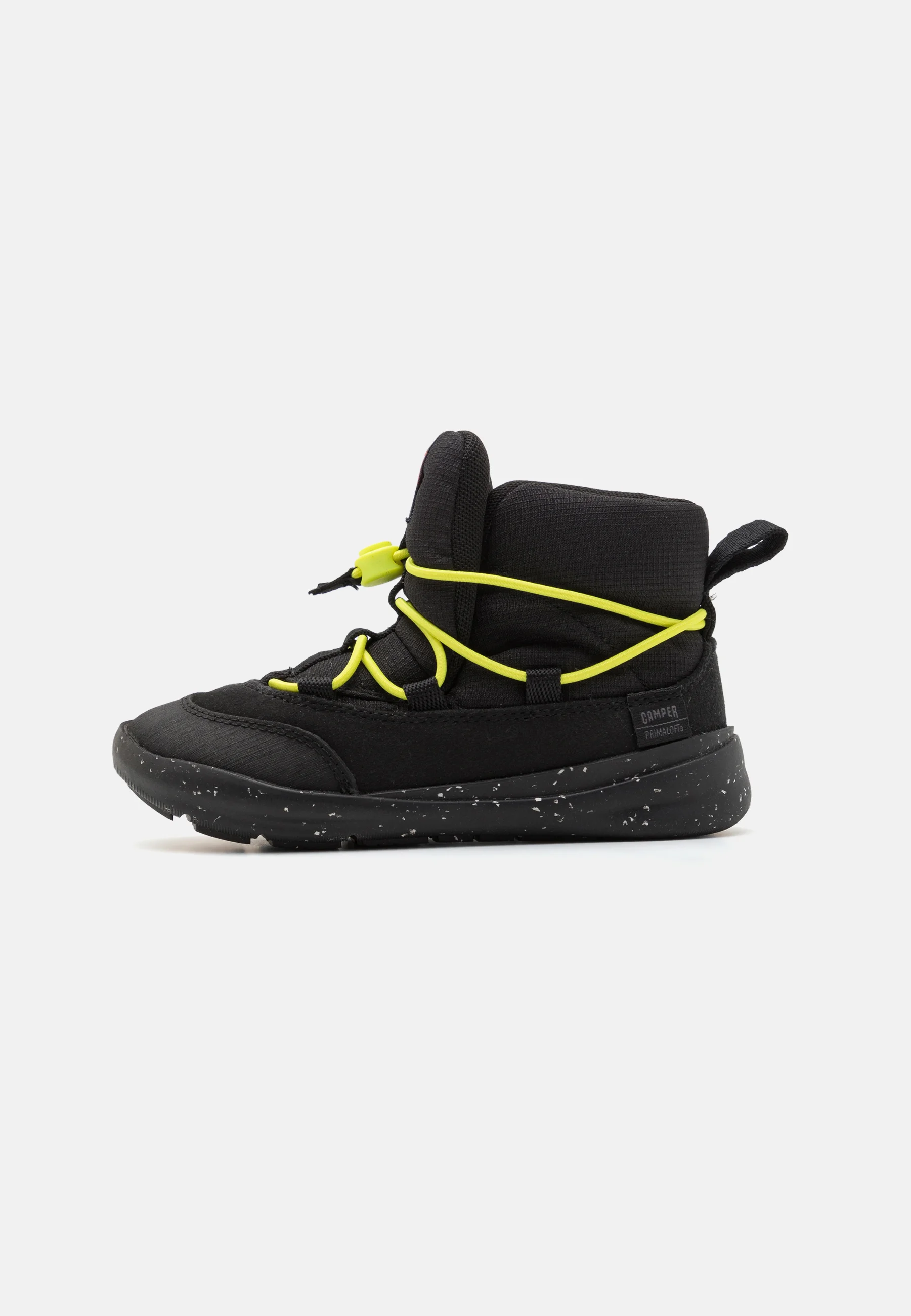 Black Camper kids' boot with neon yellow bungee laces, side view