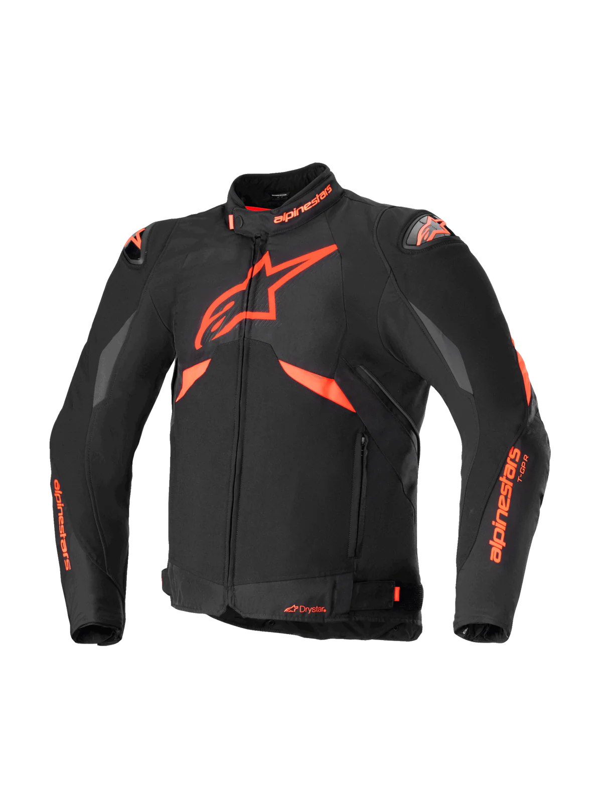 Black Alpinestars textile riding jacket with red accents, product shot.