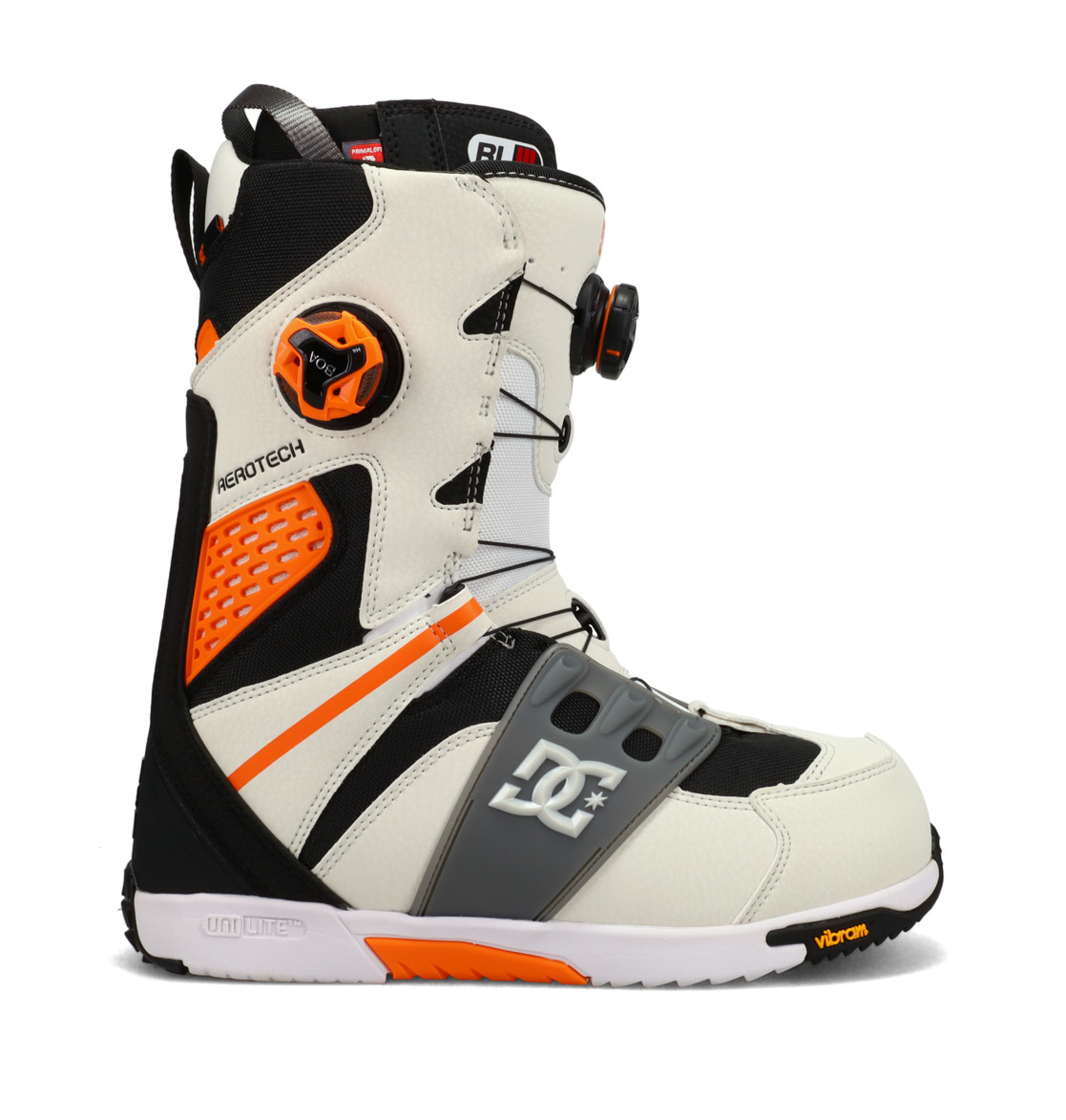 White, black, and orange DC Shoes snowboard boot with Boa closures, side view.