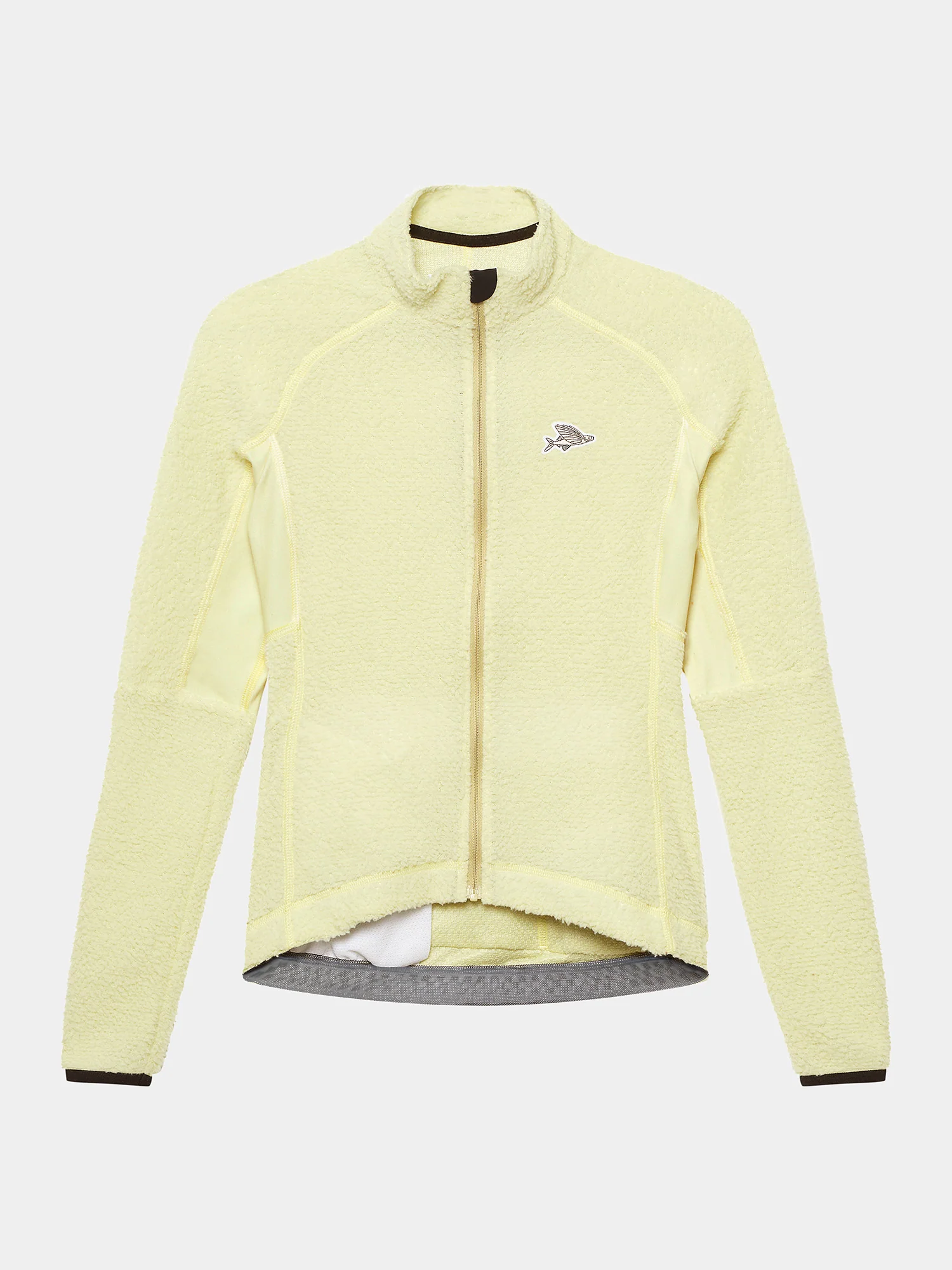 Pale yellow zip-up fleece jersey with a small chest logo, product shot.