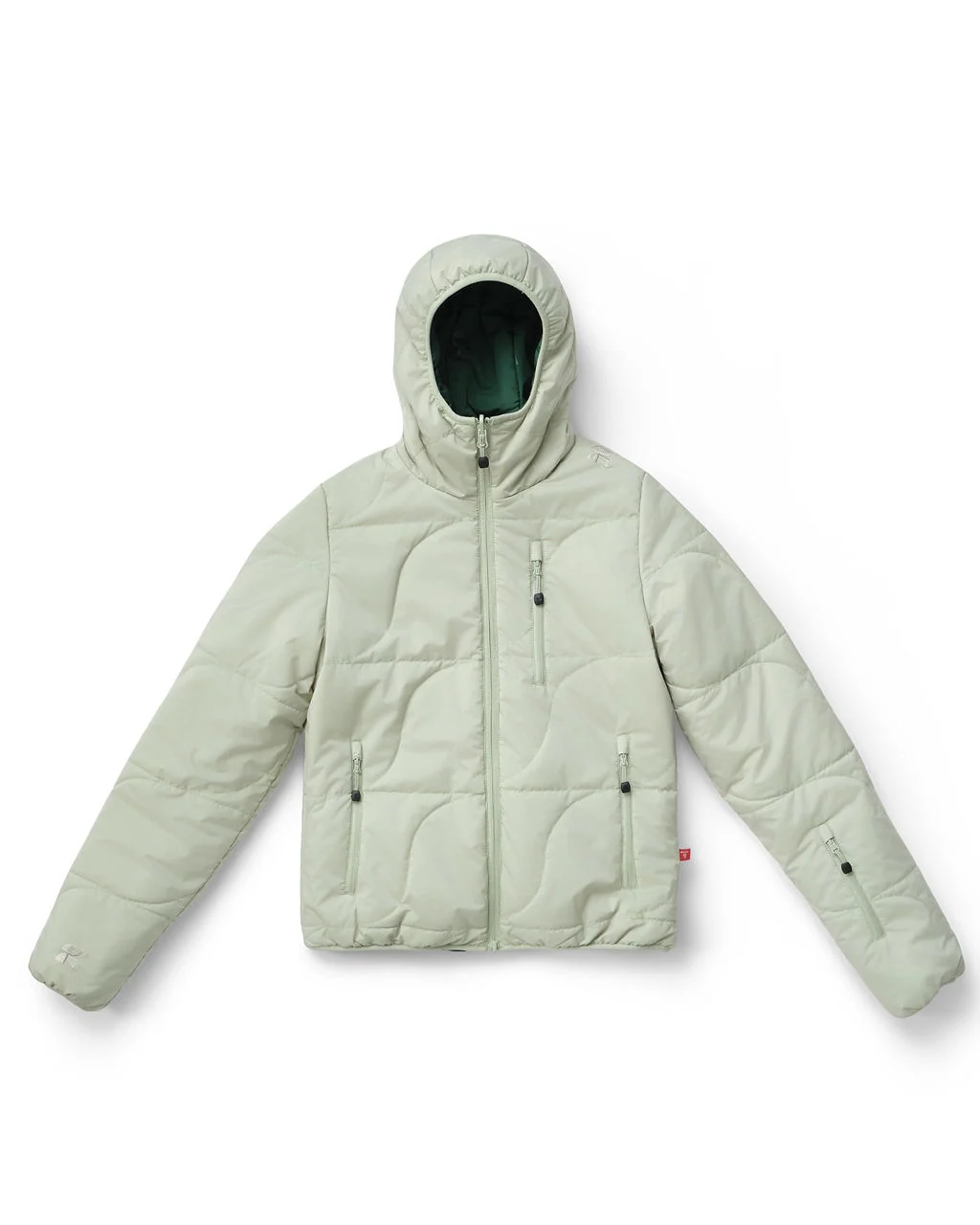 Sage green hooded quilted jacket with a dark green hood lining, front view, product shot.