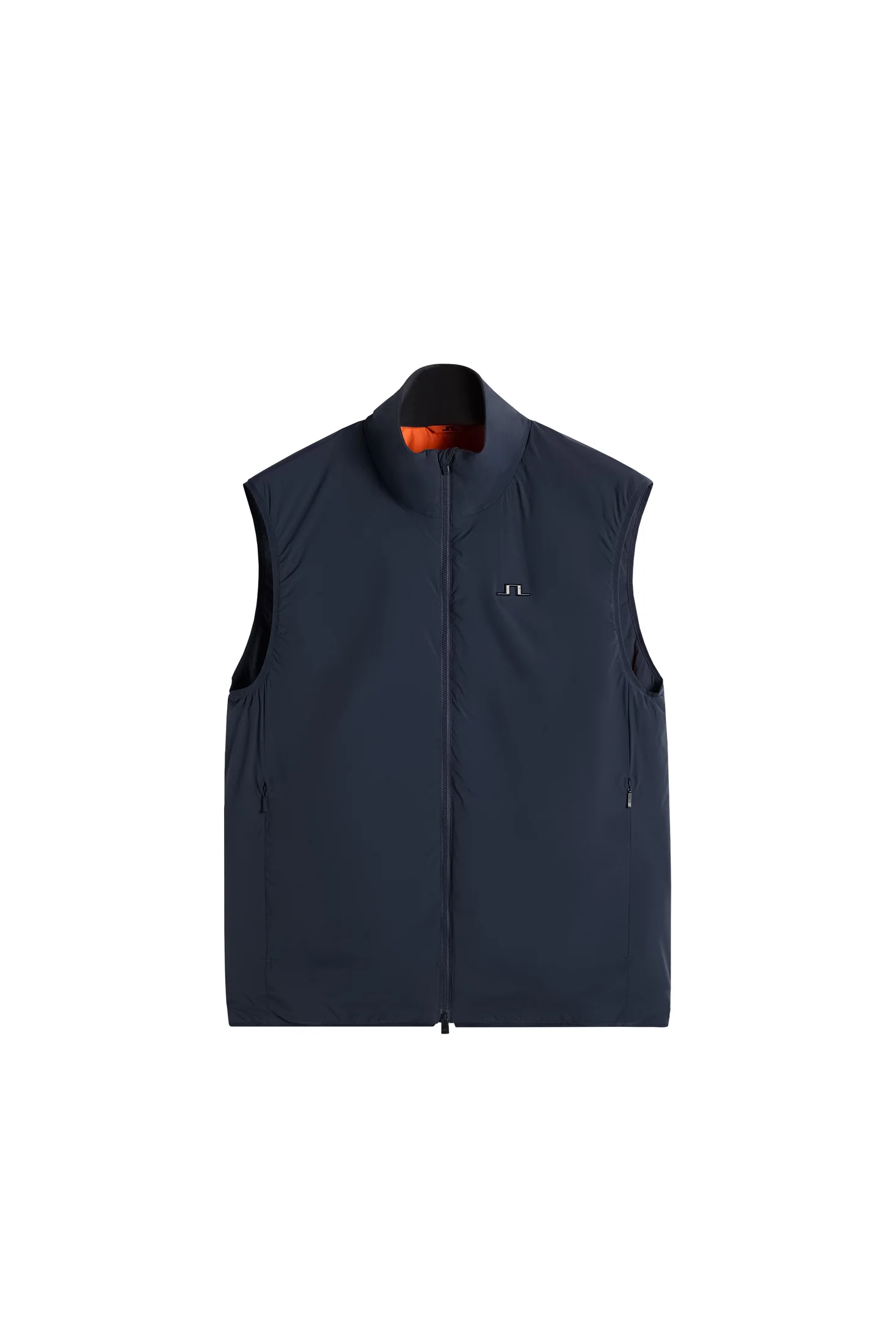 Navy zip-up vest with an orange lining, product shot.