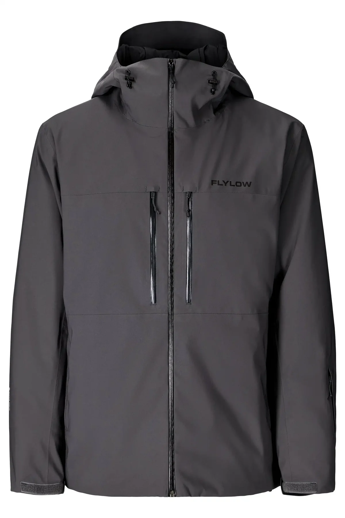 Dark gray hooded ski jacket with chest pockets, front view, product shot.