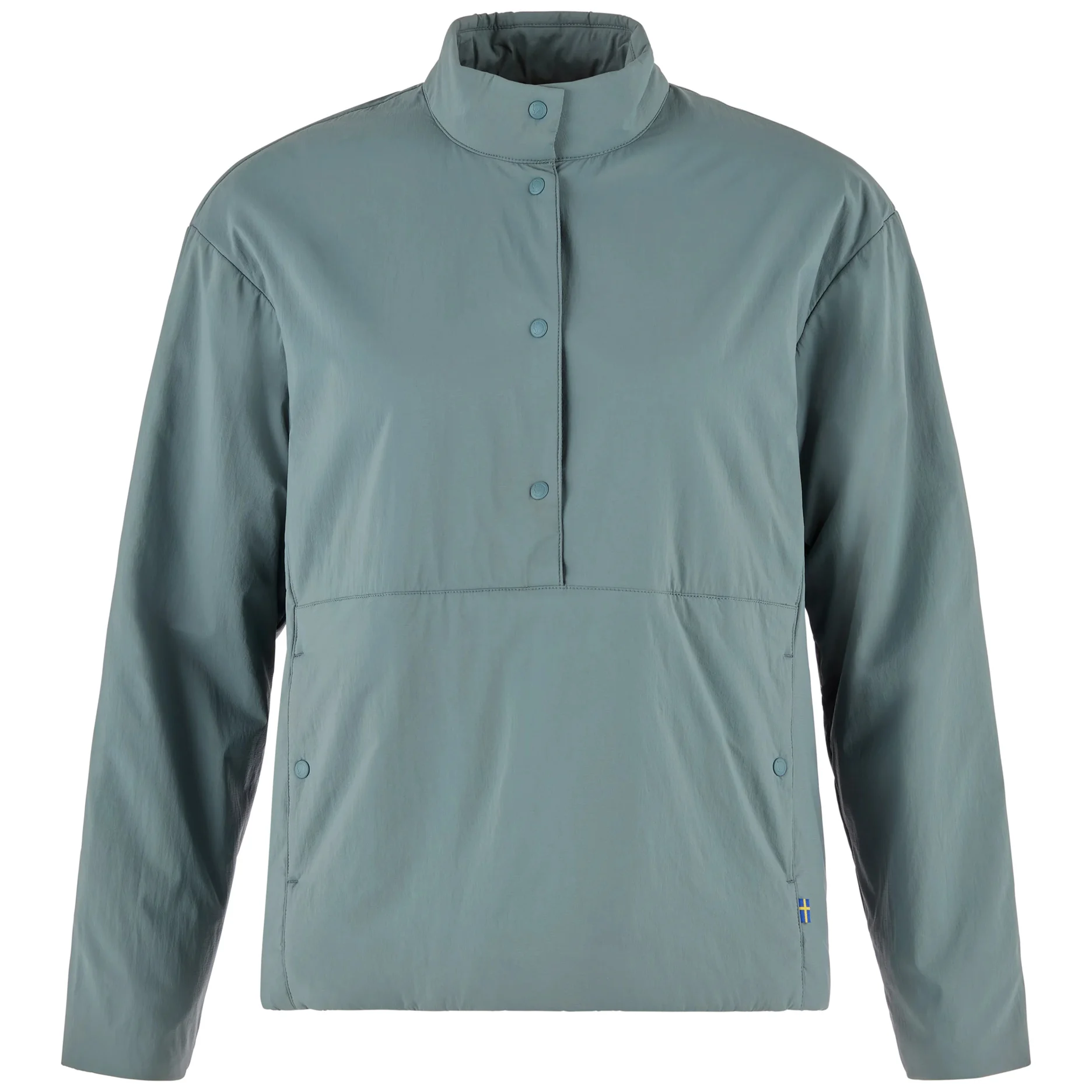 Sage green Fjällräven snap-button pullover, ghost mannequin product shot.
