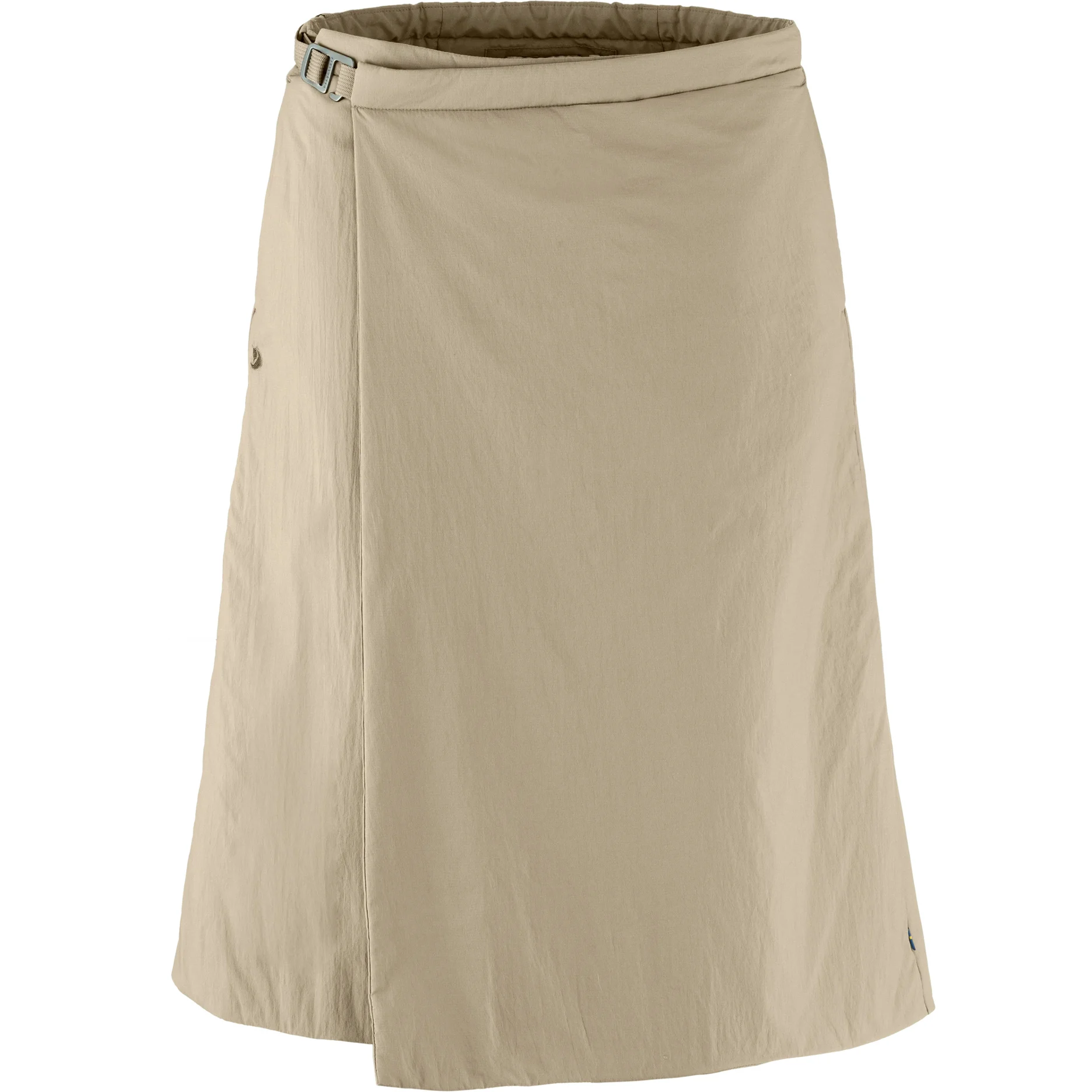 Tan wrap skirt with buckle closure, ghost mannequin product shot.