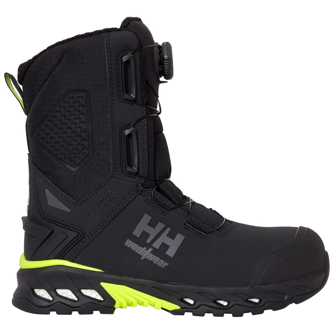 Black Helly Hansen Magni Evolution safety boot with Boa closure and lime green sole.