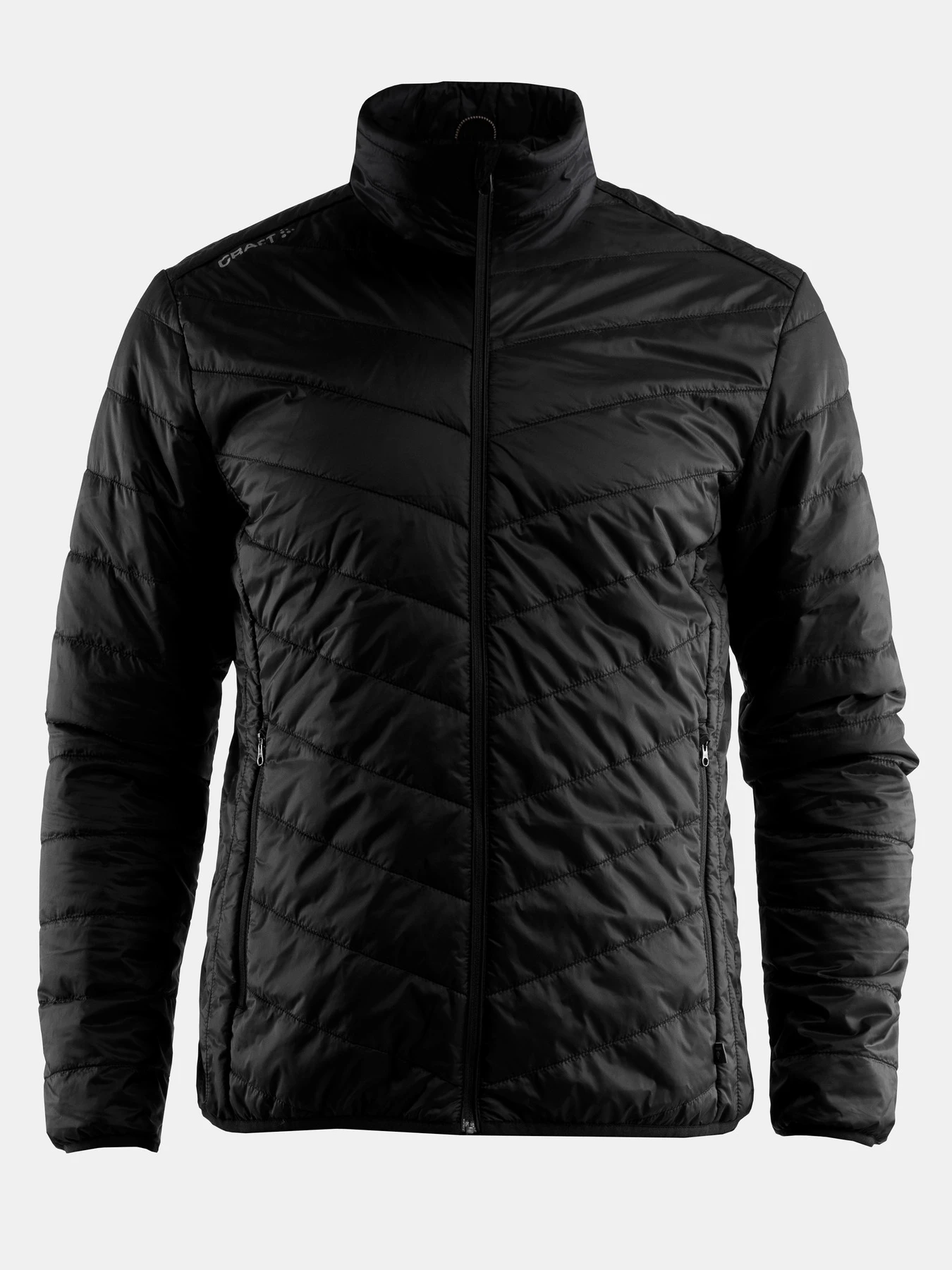Black quilted Craft jacket, ghost mannequin product shot.