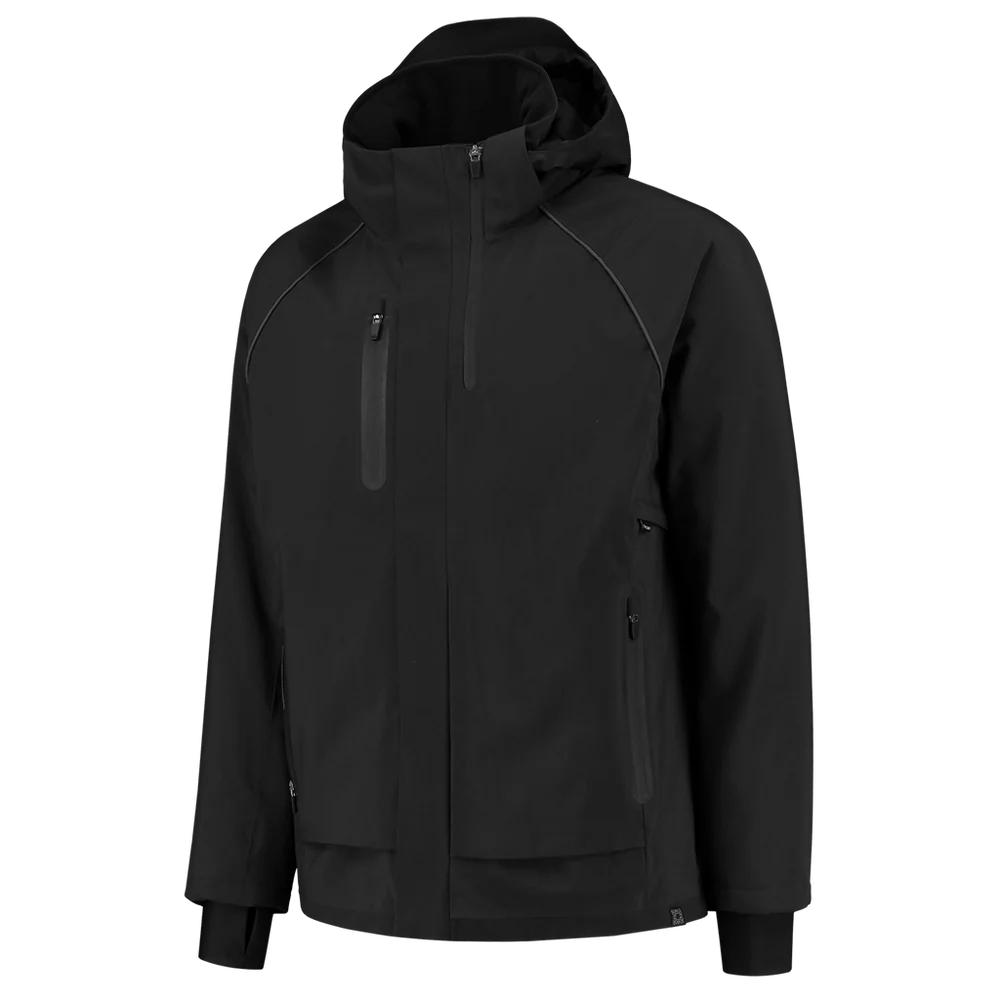 Black hooded technical jacket, ghost mannequin product shot, front view.