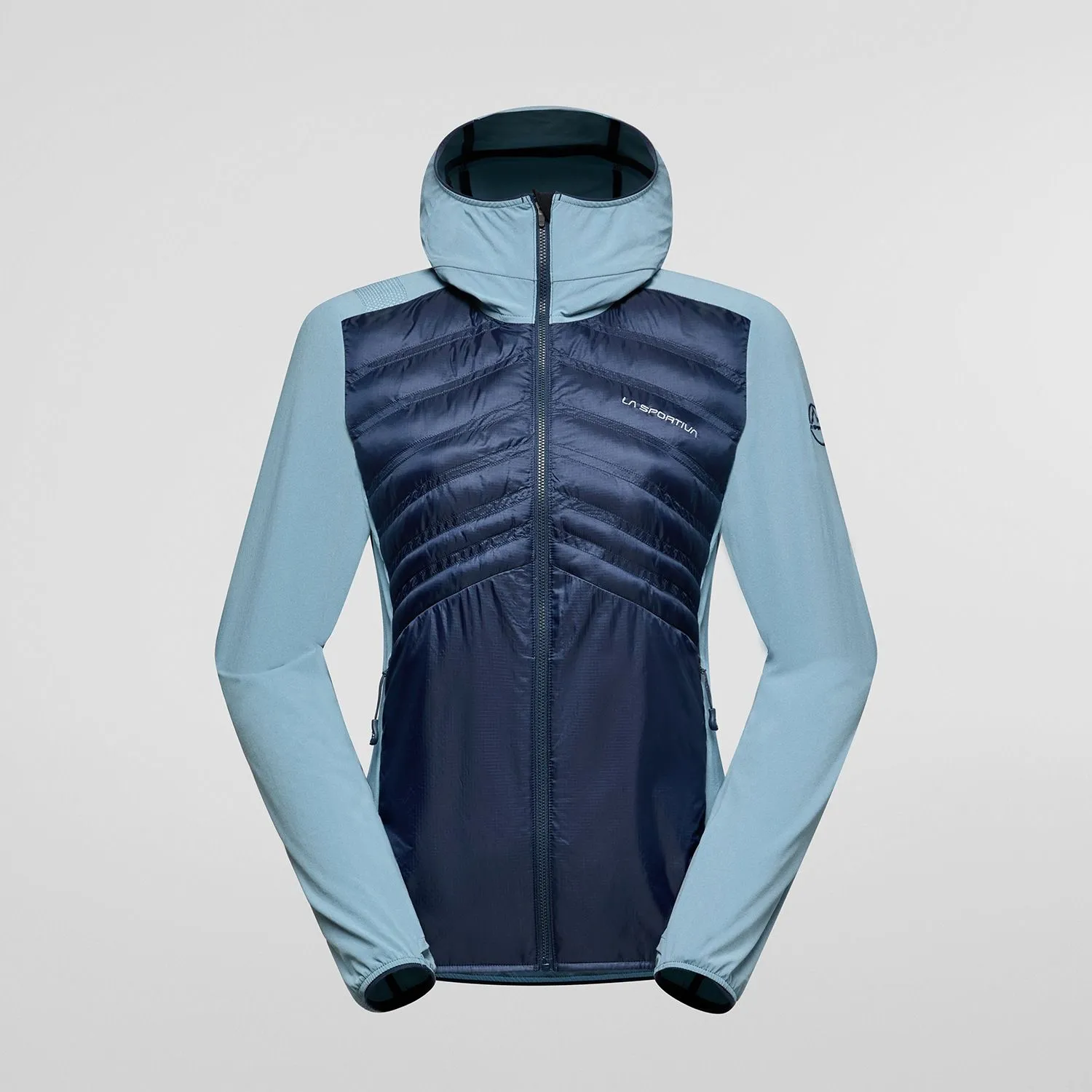 Navy and light blue La Sportiva hooded jacket, front view, ghost mannequin product shot.