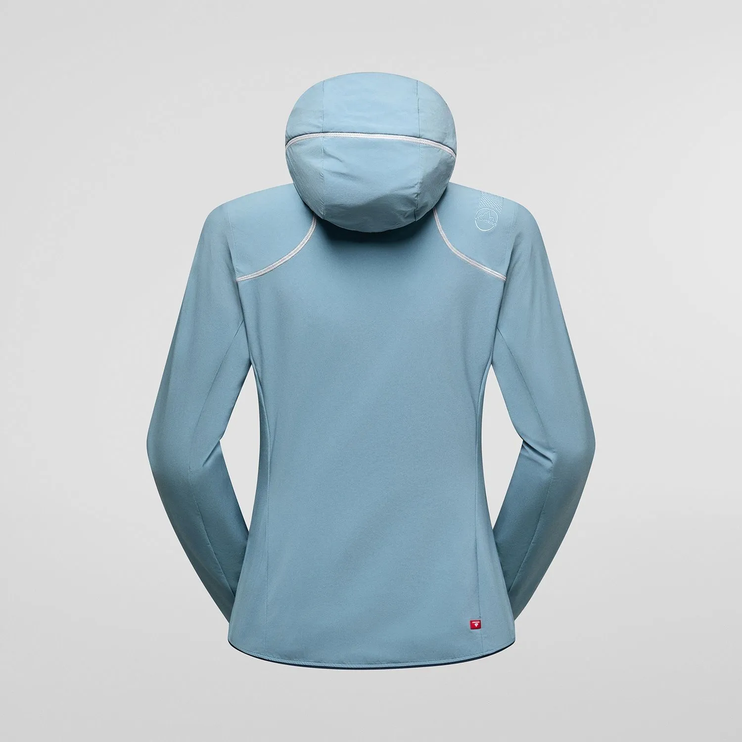 Light blue La Sportiva hooded jacket, back view, ghost mannequin product shot.