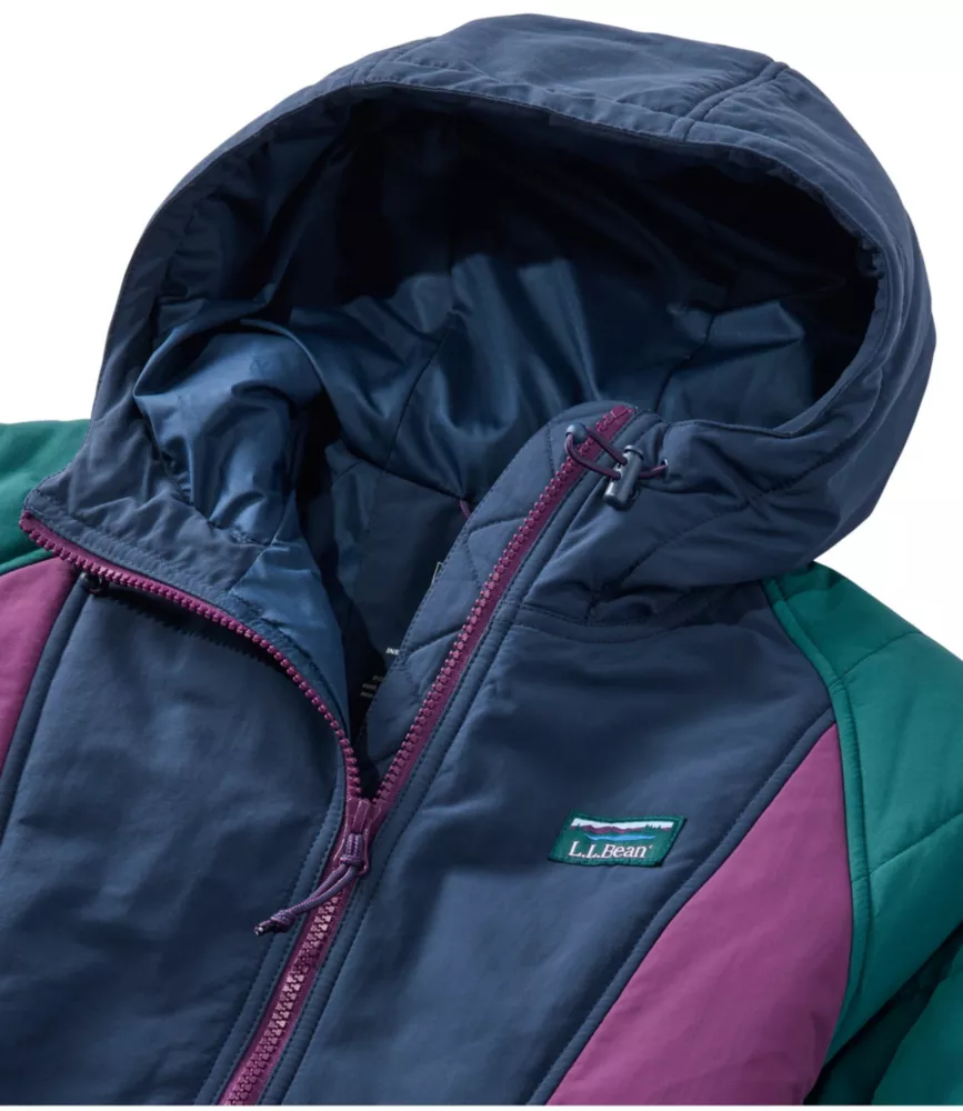 Close-up of a navy, purple, and teal L.L.Bean anorak hood and collar, product shot.