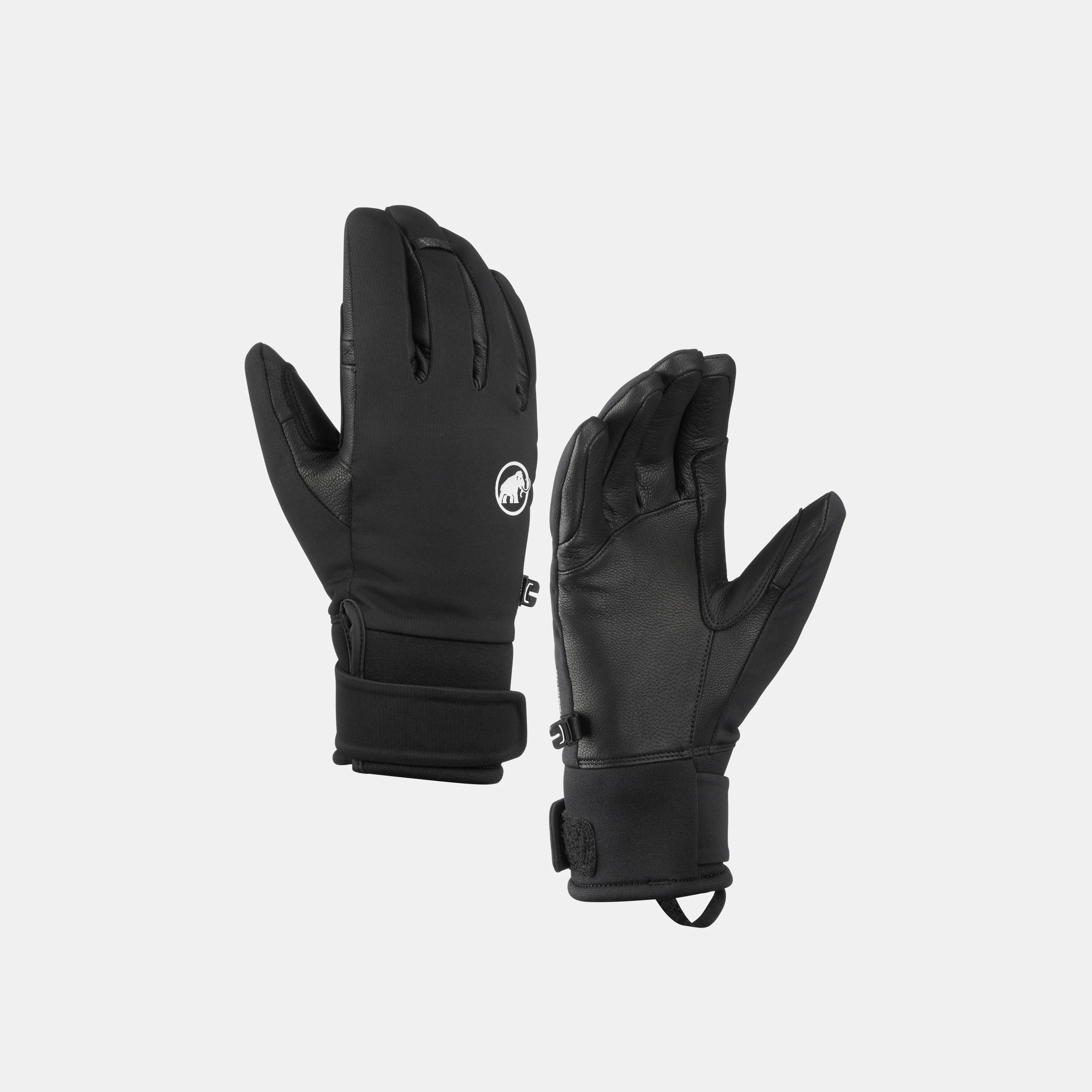 Pair of black Mammut gloves, back and palm views, product shot.