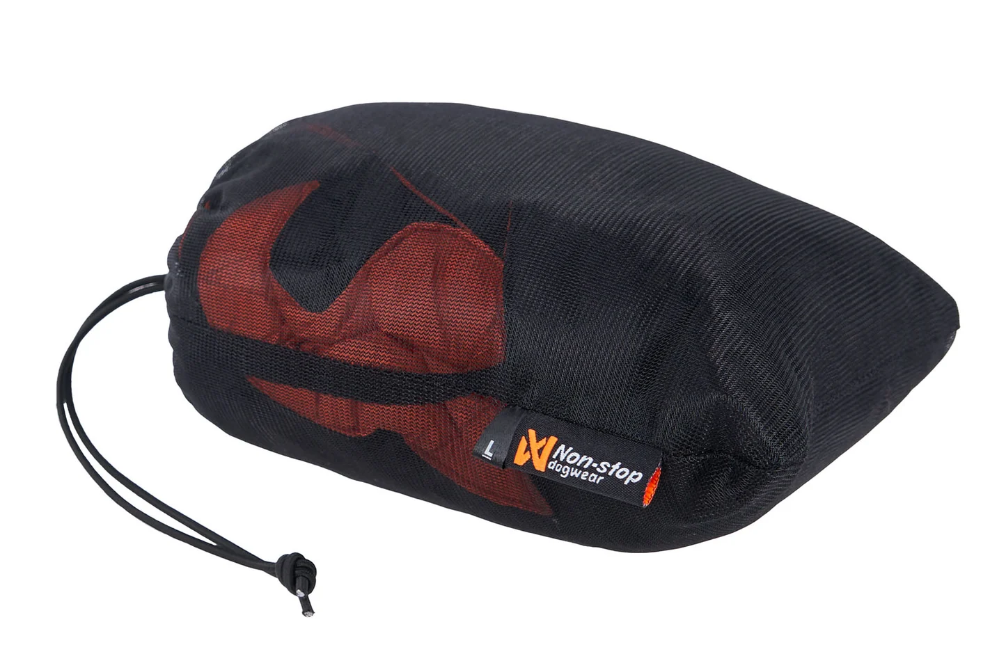 Orange quilted Non-stop dogwear dog blanket packed in a black mesh drawstring bag.