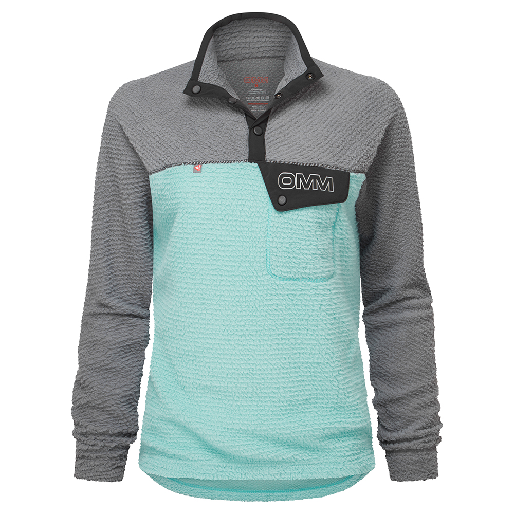 Aqua and gray OMM Core Press Pullie quarter-zip pullover, product shot.