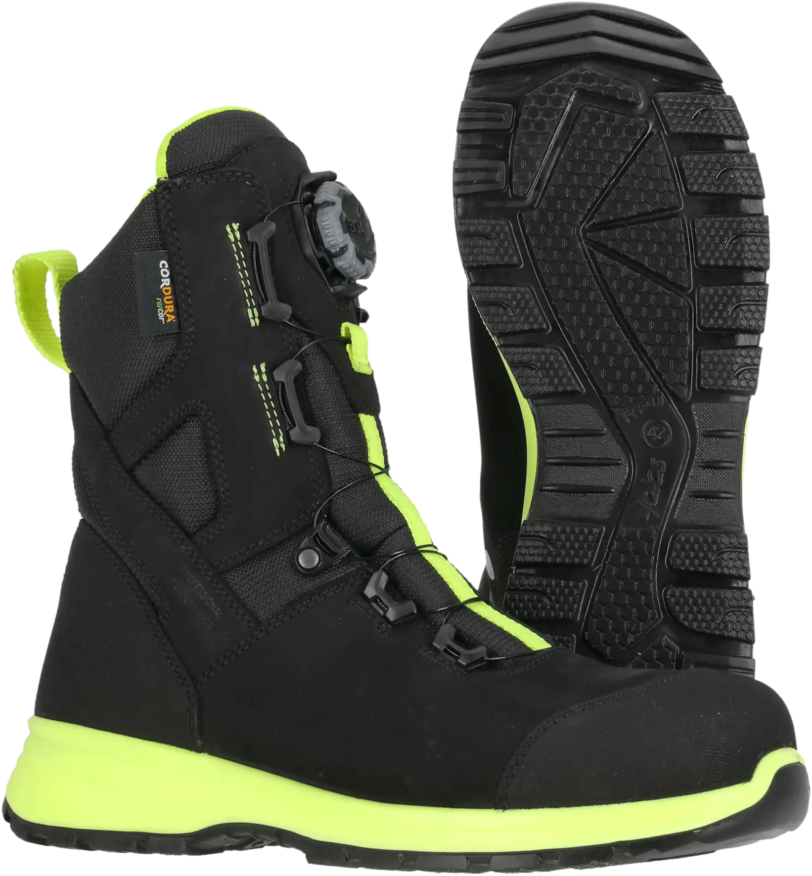 Pair of black and neon yellow Cordura safety boots with Boa closure.