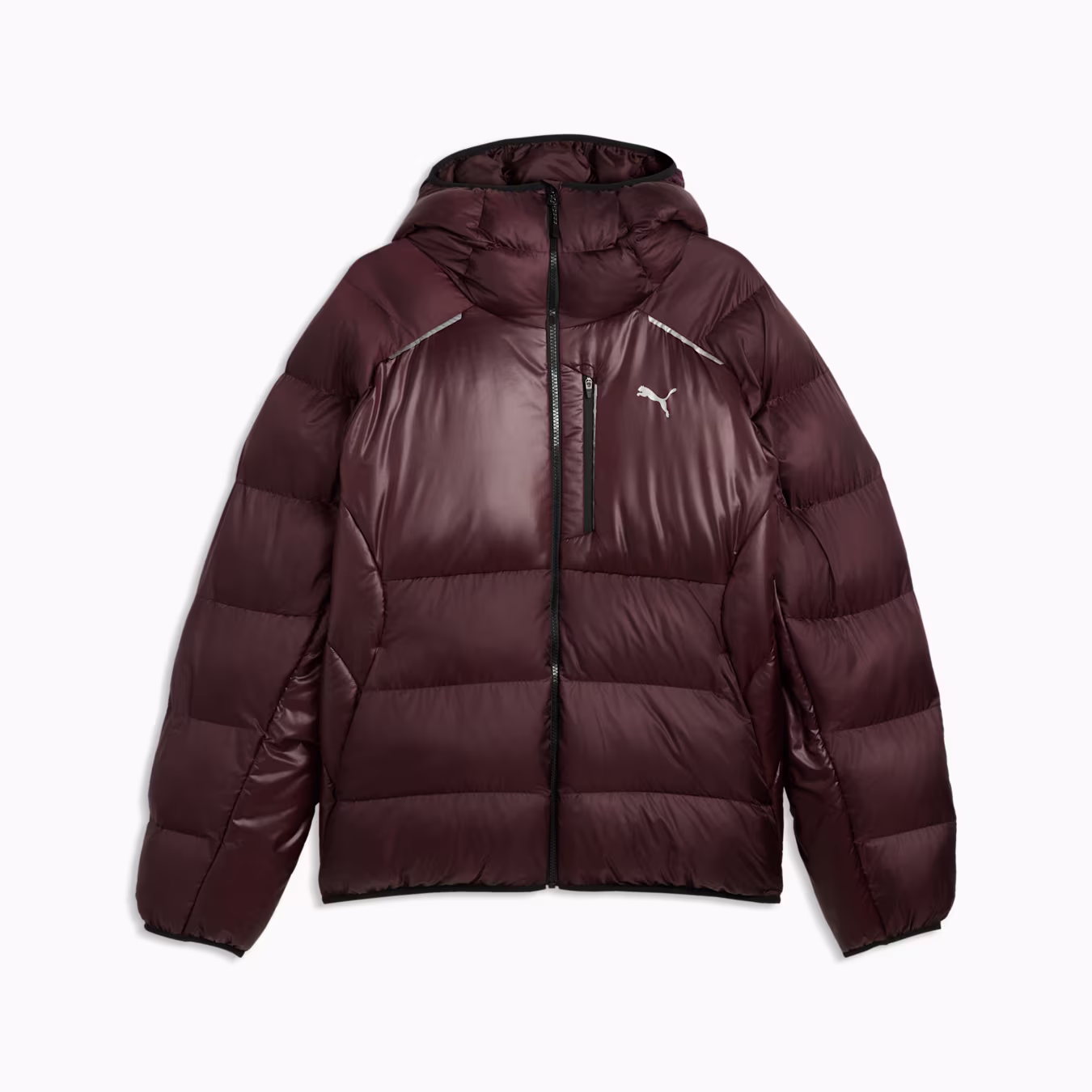 Dark brown hooded puffer jacket, product shot.