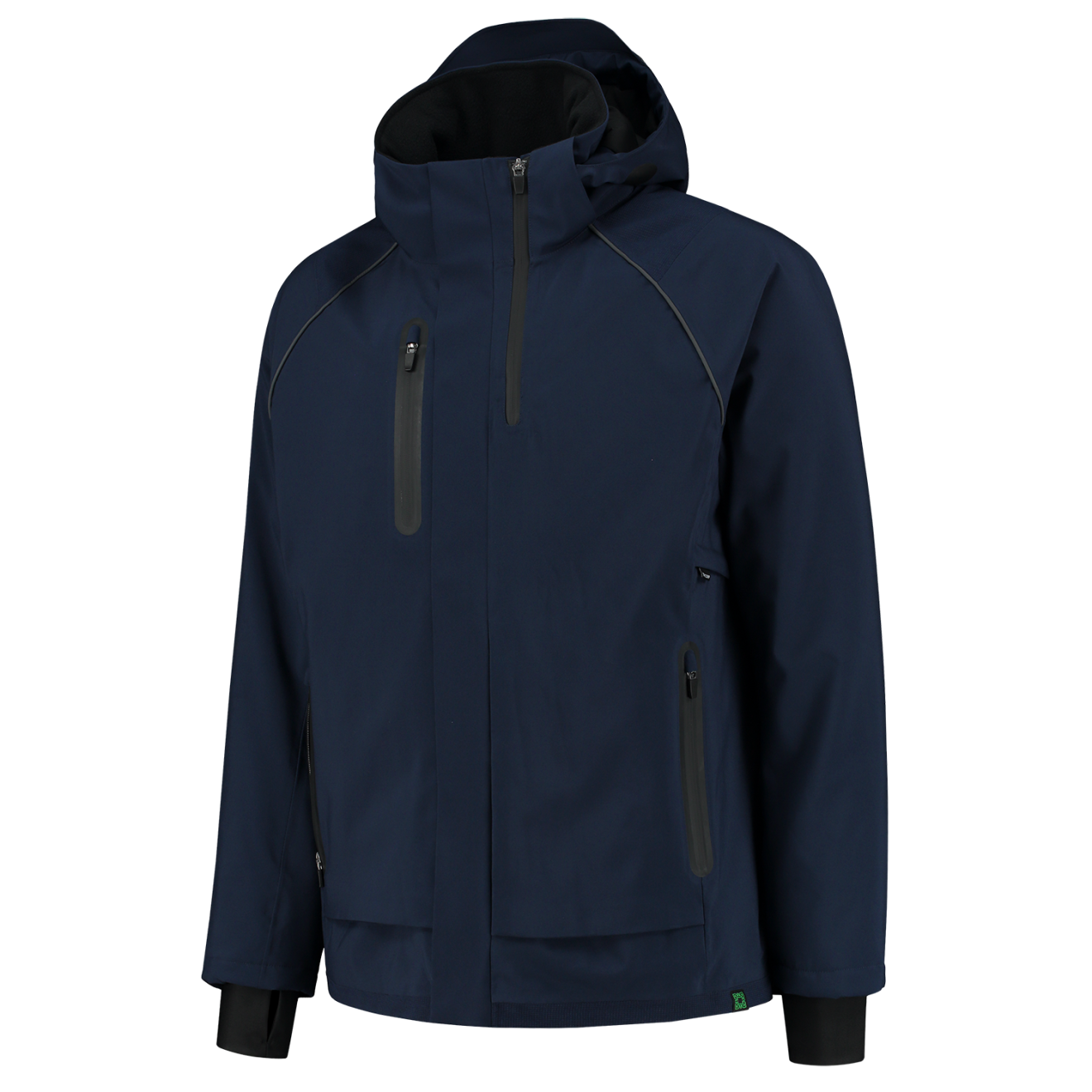 Navy blue hooded jacket, front view, product shot