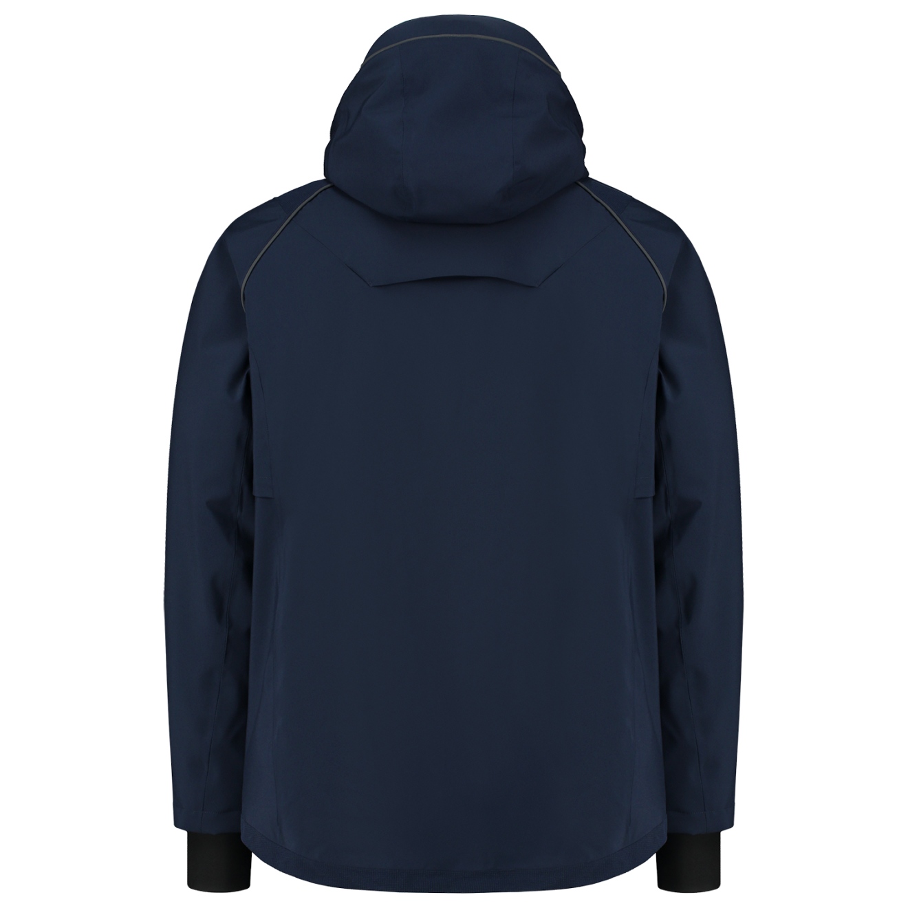 Navy blue hooded jacket, back view, product shot.