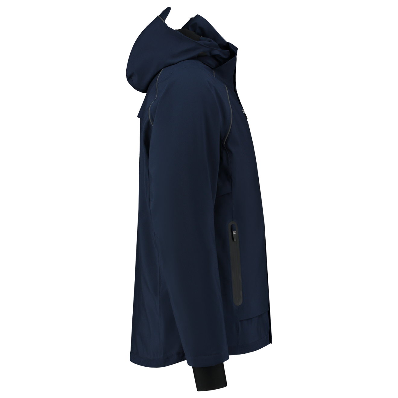 Navy blue Tricorp hooded jacket, side view, product shot.