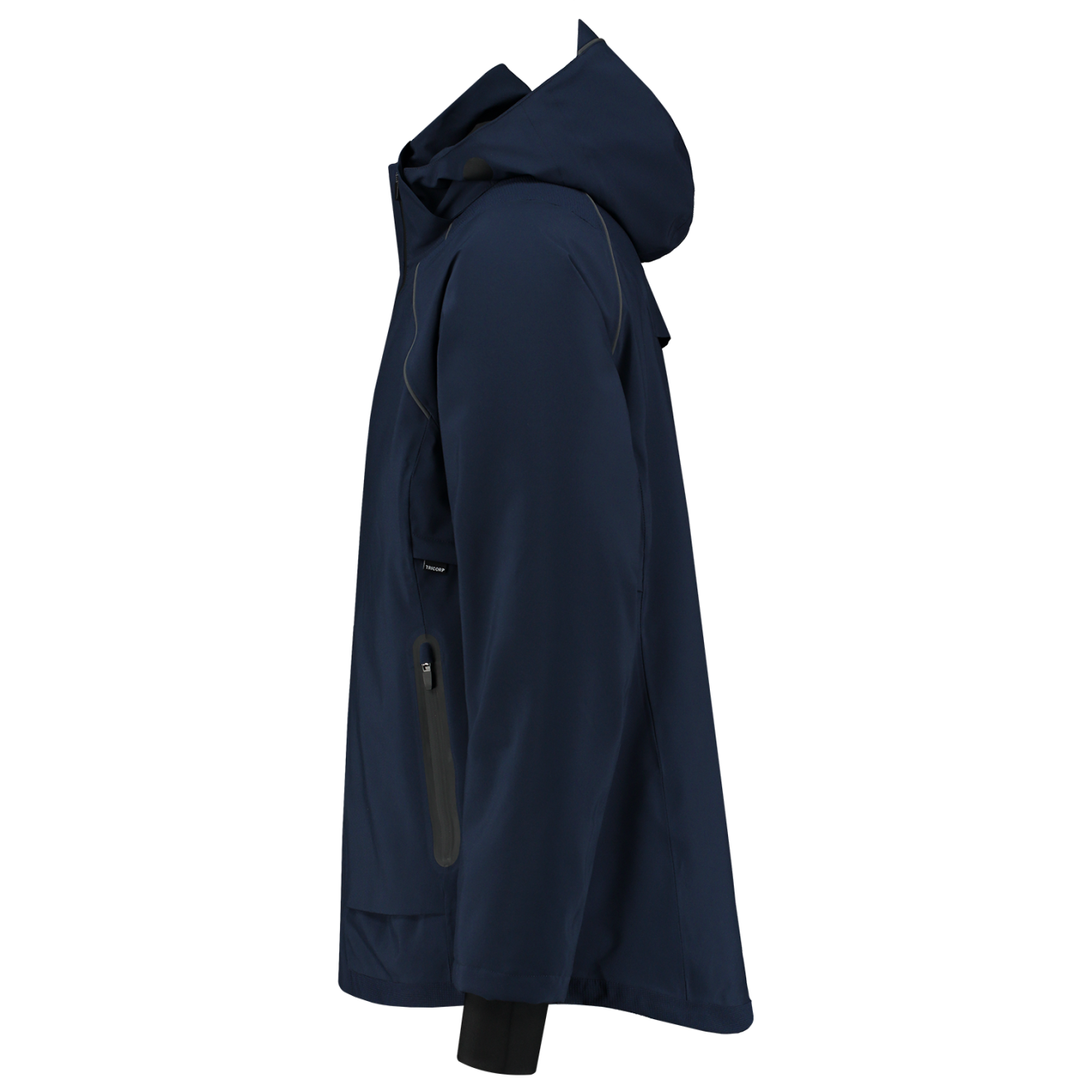 Navy blue hooded jacket, side view, product shot
