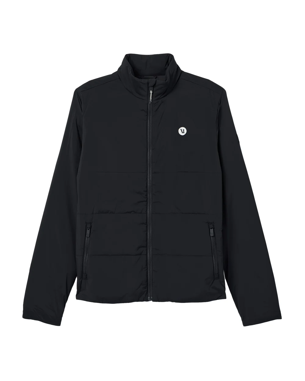 Black quilted Vuori jacket, front view, product shot.
