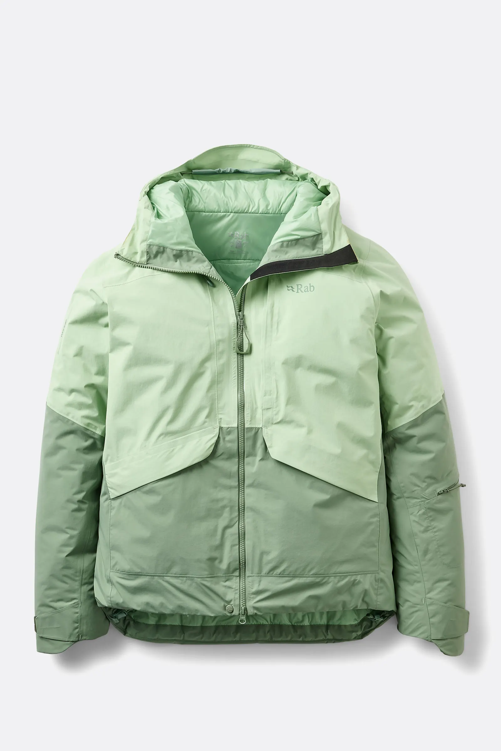 Two-tone sage green Rab hooded jacket, product shot